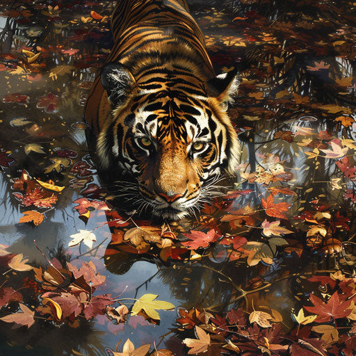 Reflection of a Sumatran tiger in a crystal-clear jungle pool, surrounded by a carpet of colorful leaves.
