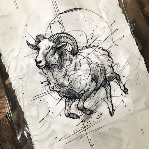 Dynamic flat tattoo sketch of a sheep leaping over an abstract hurdle