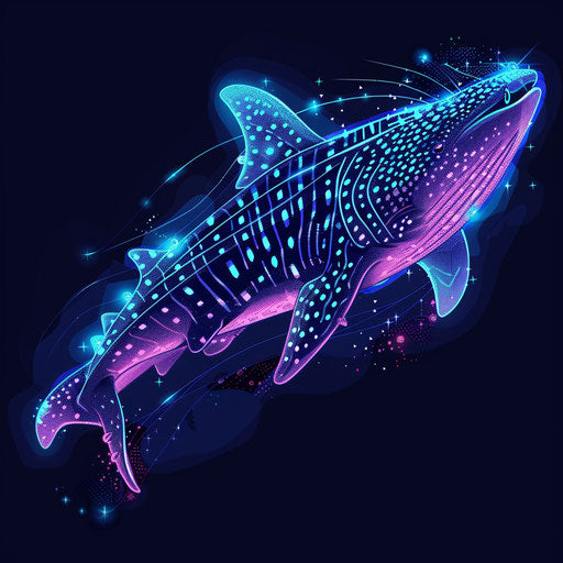 Modern sketch of whale shark with pixel art effects and neon outlines