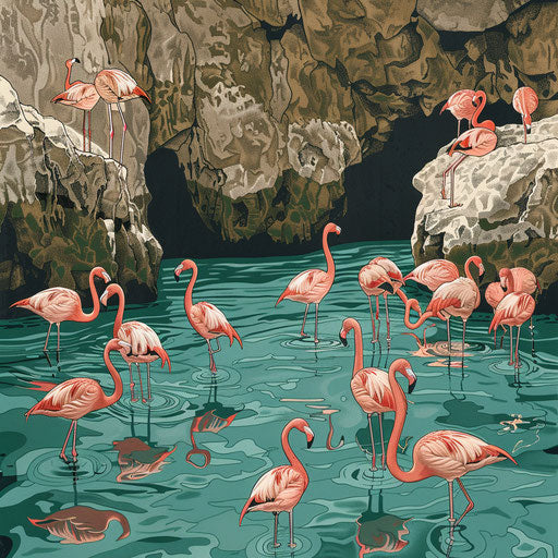 Flamboyance of flamingos in a crystal-clear lagoon