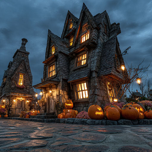 Haunted Gothic House with Glowing Pumpkins