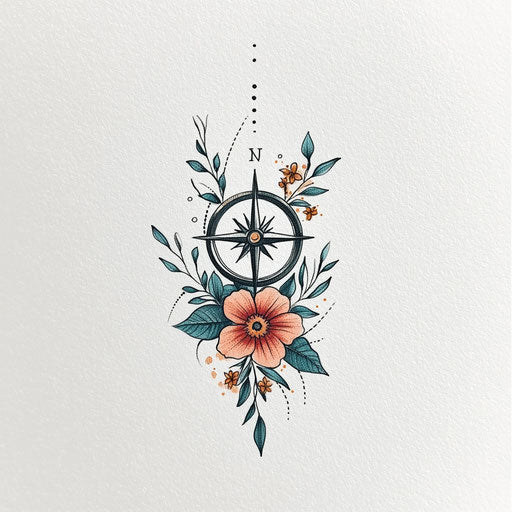 Small forearm tattoo: compass with floral accents in teal