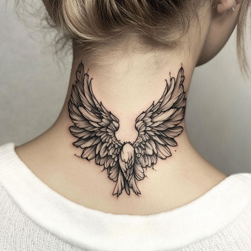 Elegant angel tattoo sketch with realistic wings