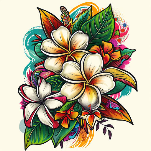 Exotic flat tattoo sketch of plumeria with vibrant jungle patterns