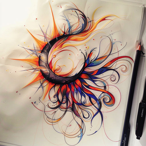 Dynamic tattoo sketch of a sunburst and crescent moon, intense colors, dramatic design