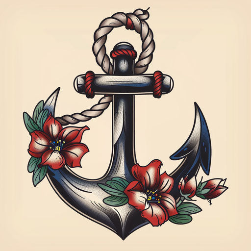 Flat illustrative tattoo sketch of nautical themed horseshoe with anchor and rope