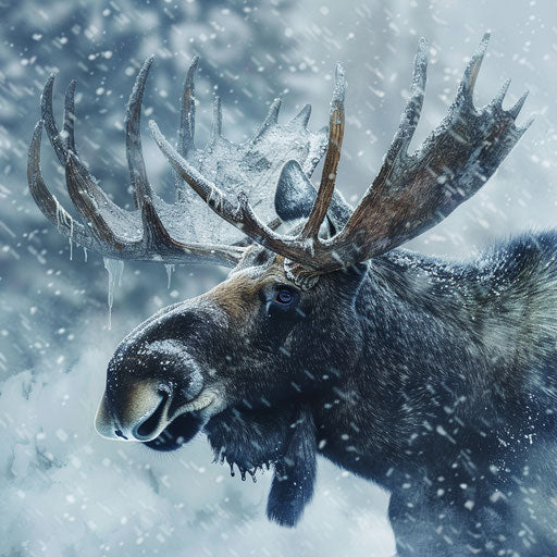 A moose in a blizzard, snow accumulating on its antlers.
