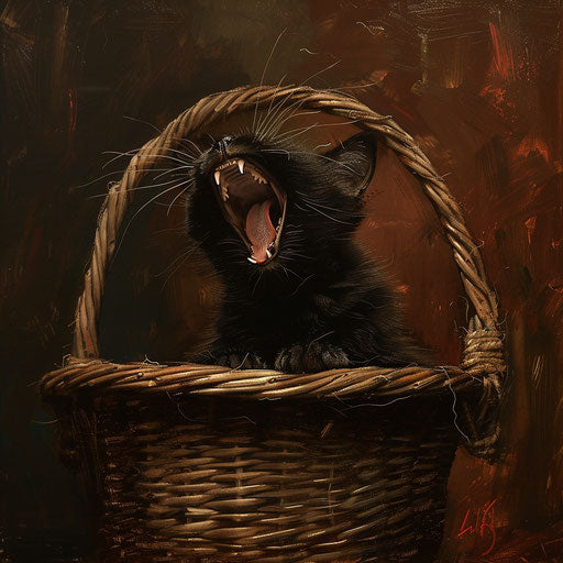 A black cat in a basket yawning