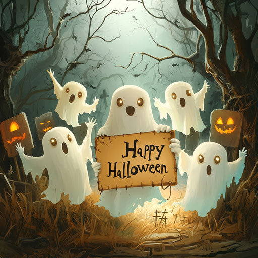 Friendly ghosts with sign 'Happy Halloween'