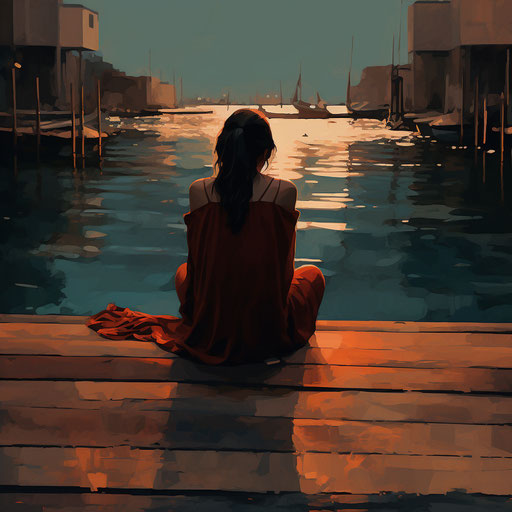 Woman sitting on the dock by the water