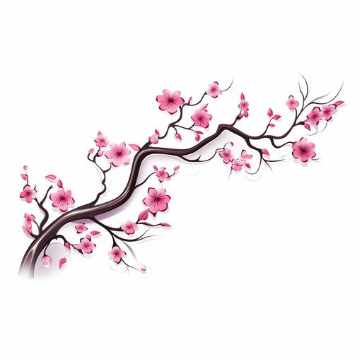 Free sakura tree branch, traditional Balinese motifs, asymmetric design in magenta on white