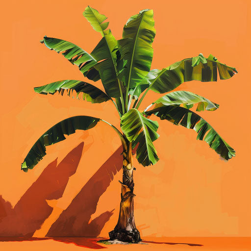 Realistic banana tree on sunset orange backdrop with bold shadows