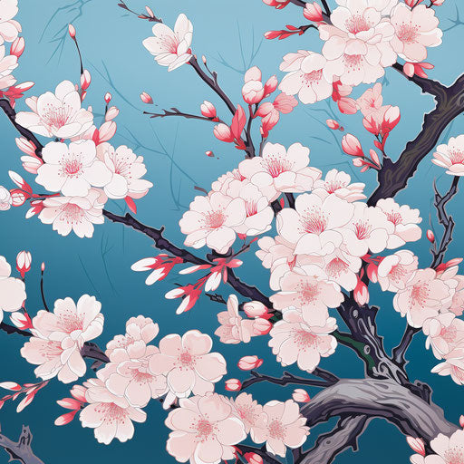 Pink branches with white flowers, traditional Japanese art style