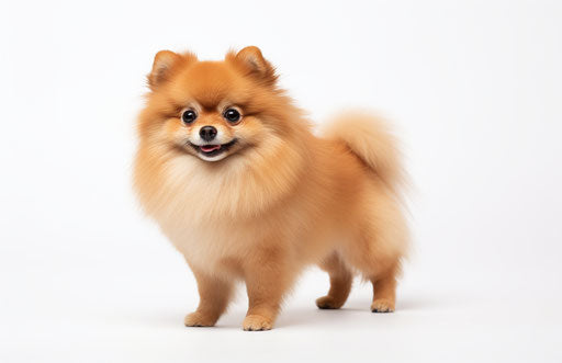 Small pomeranian dog on white background, light orange and light maroon style