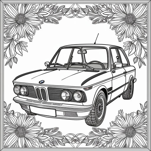 BMW car surrounded by vintage floral patterns for coloring