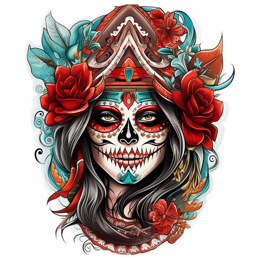 Sugar skull woman tattoo in pencil, emerald-crimson style sticker art