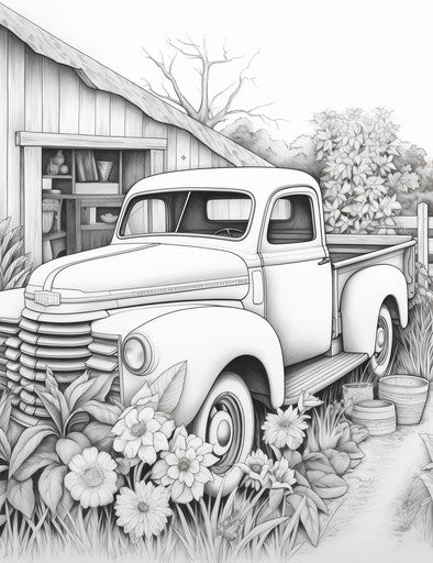 Coloring page of playful pickup truck on colorful road