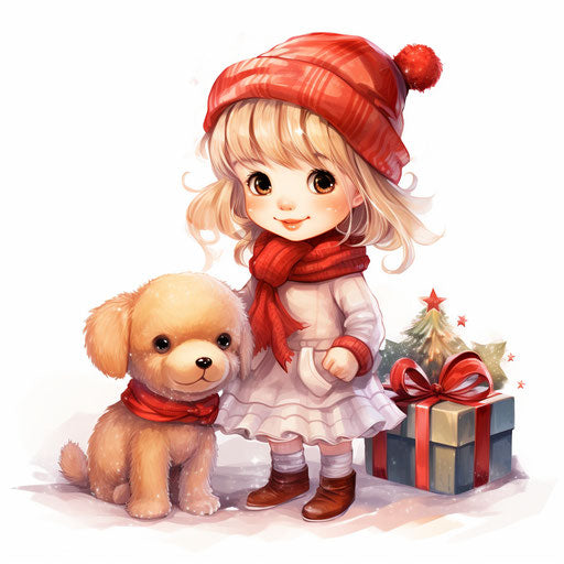 Cute Christmas clipart in the style of oil painting, on a white background