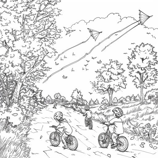 Children riding bikes and flying kites in a park