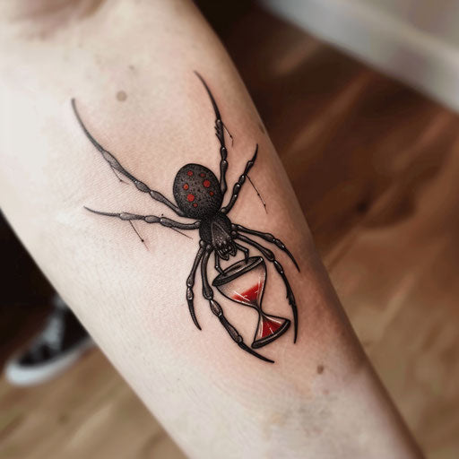 Enchanting black widow spider tattoo with red hourglass mark