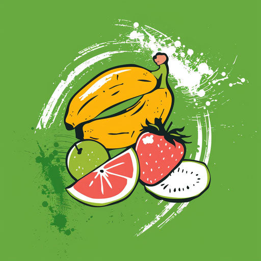 Healthy food logo with fresh fruit design on bright green background