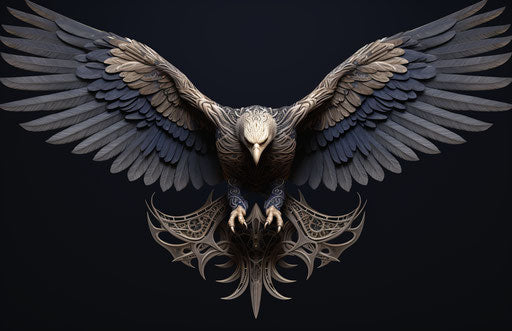 Tattooed eagle with wings spread out, dark beige and navy style