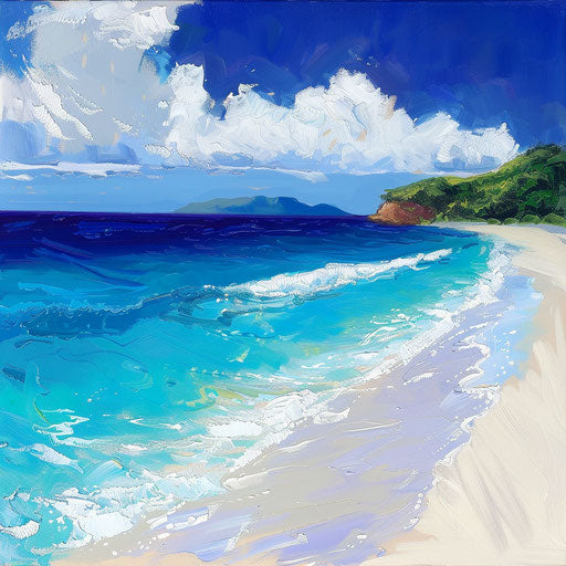 Sunny beach with blue water and white sand, Matson style