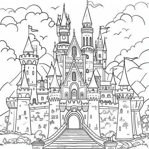 Majestic castle with turrets and flags surrounded by a moat. Coloring book page