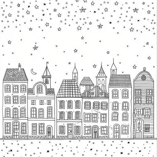 Night cityscape with glowing windows and stars