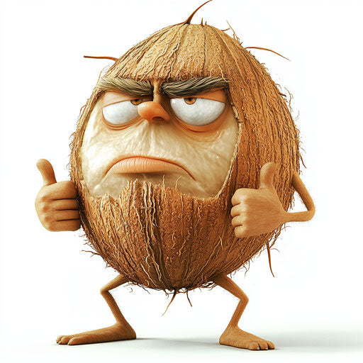 Humorous caricature of a coconut with human characteristics