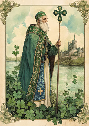 Saint Patrick's Day image: Saint Germain in green and blue robes with white trim by River Liffey and ancient castle, surrounded by clover leaves in vintage style
