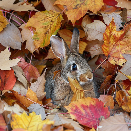 Rabbit hidden among autumn leaves