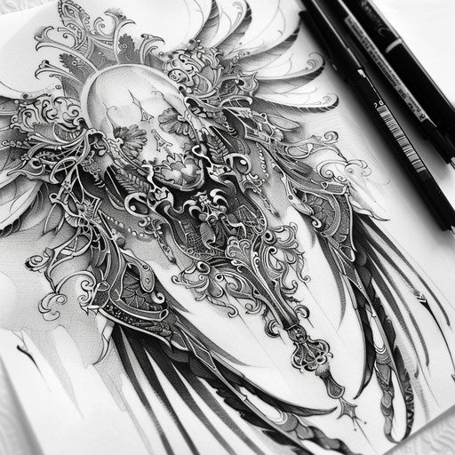 Elegant tattoo sketch of the angel of death with lace