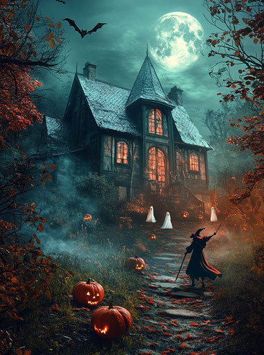 Haunted house with ghostly figures, cobwebs, pumpkins, and witch