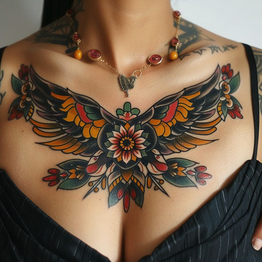 Vibrant traditional chest tattoo for women with iconic American motifs