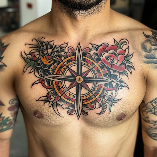 Chest tattoo of a compass rose with nautical elements