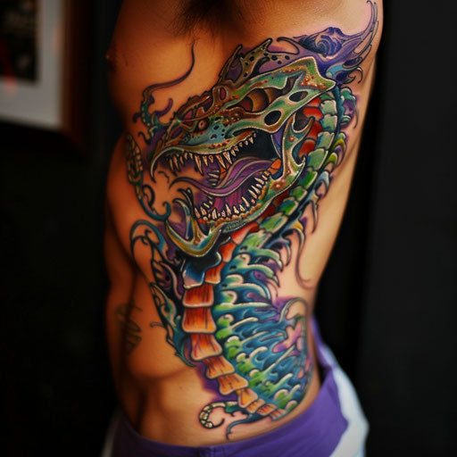 Men's rib tattoos vibrant colors, Guy Aitchison style