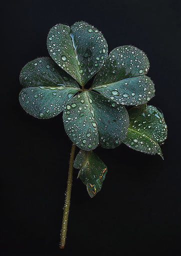 Shamrock, four-leaf clover, black background, water droplets on the leaves, hyper-realistic photography