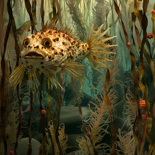 Puffer fish navigating in a kelp forest, in the style of Marsel van Oosten