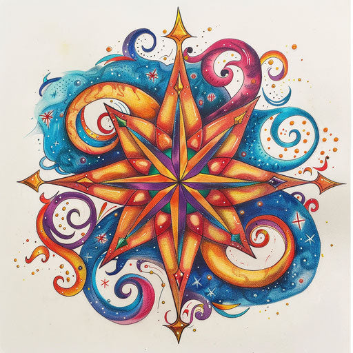 Psychedelic tattoo sketch of a compass rose with swirling patterns and vibrant, contrasting colors