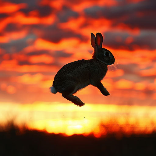 Rabbit mid-jump against vibrant sunset backdrop
