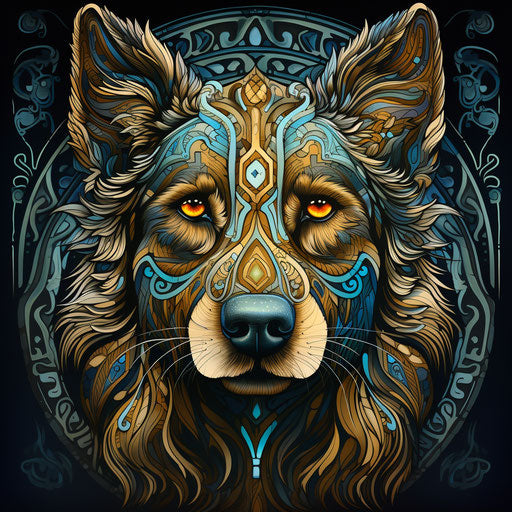 Adult coloring book with dog and inlaid designs