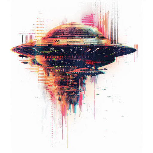 Digital glitch art UFO tattoo on white backdrop
