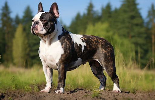 French bulldog standing in grass, dark brown and white style