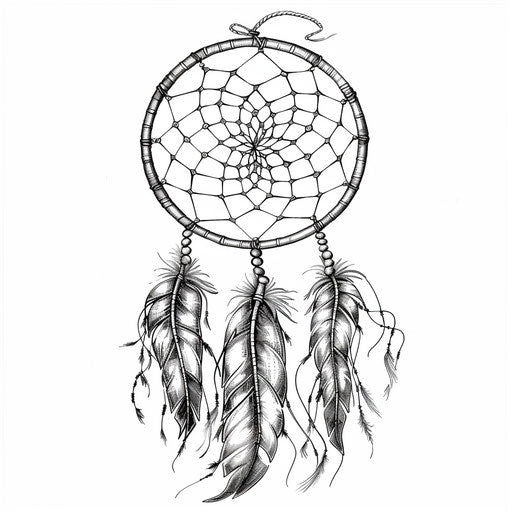 Dream catcher in engraved line style, feather, crosshatching, simple design