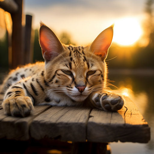 A serval cat lying on a dock