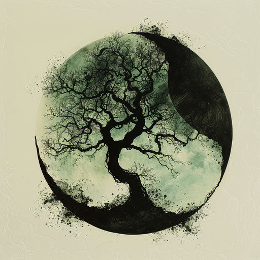 Eclipse with tree silhouette, clipart style in green and black