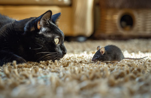 Black cat looking at mouse, exaggerated facial features