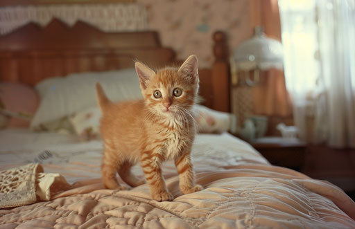 Kitten standing on bed in a room