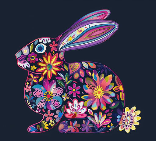 Bunny with colorful floral motifs in linear style